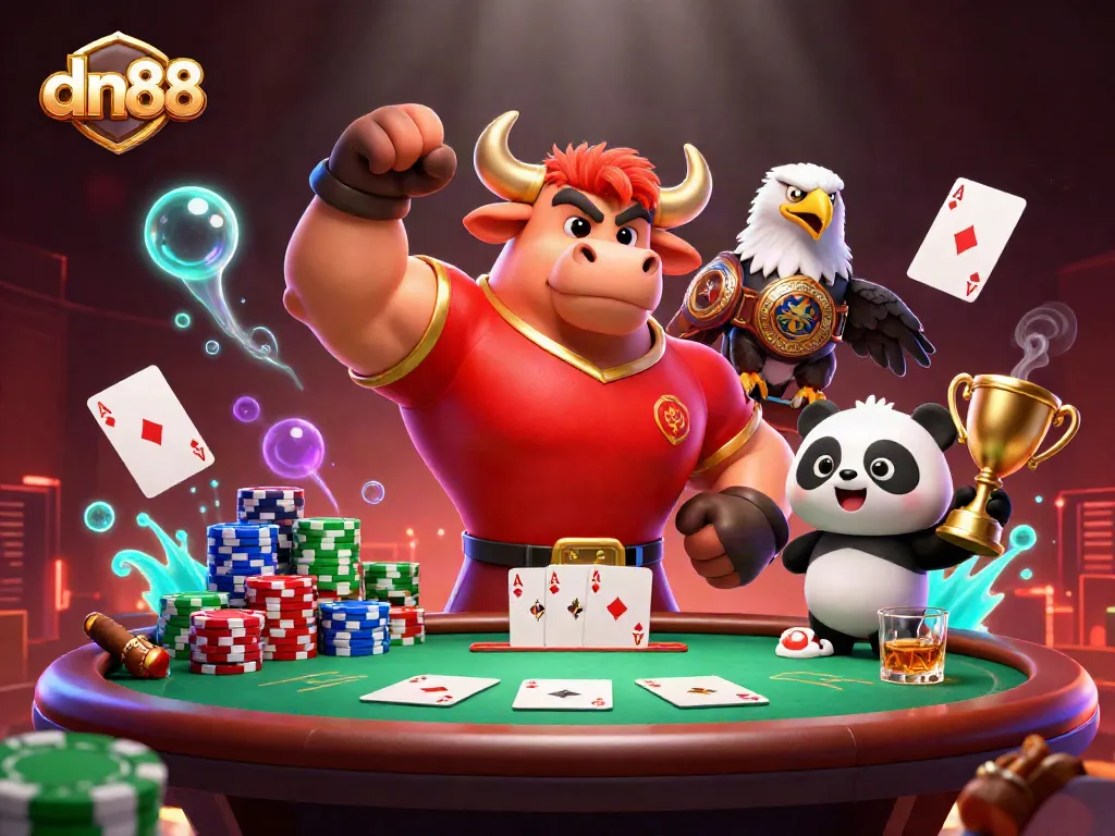Experience thrilling wins at dn88 with cartoon characters celebrating poker success.