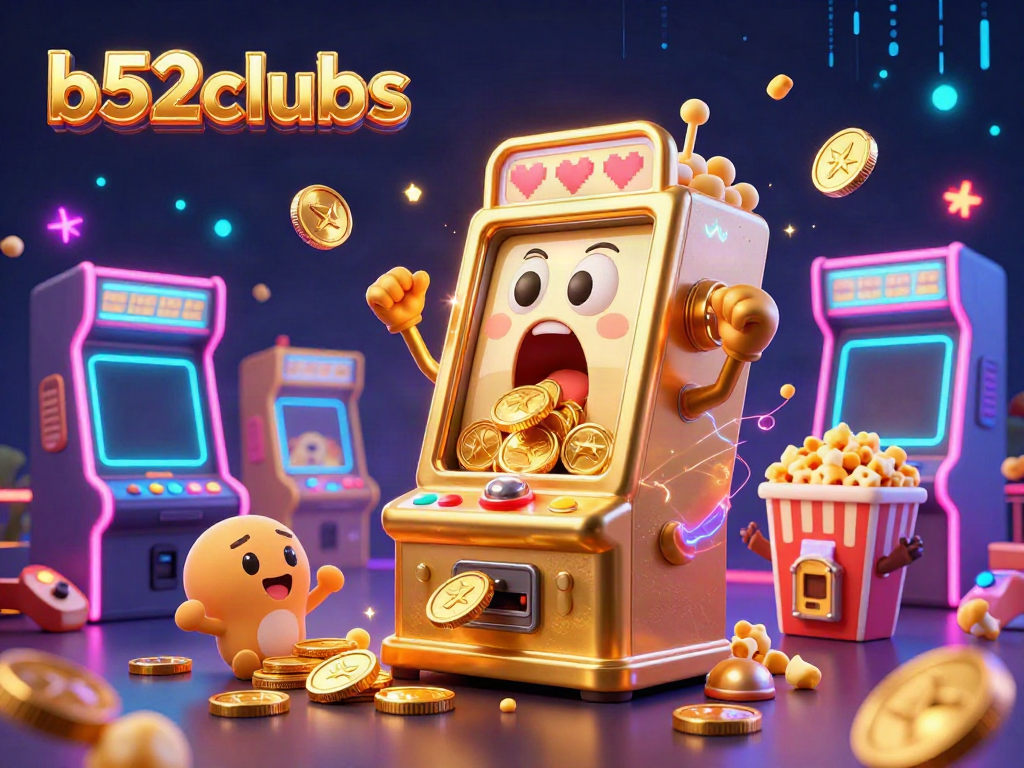b52clubs slot machine celebrates winning jackpot with coins pouring out, surrounded by cheering smaller machines and arcade elements.