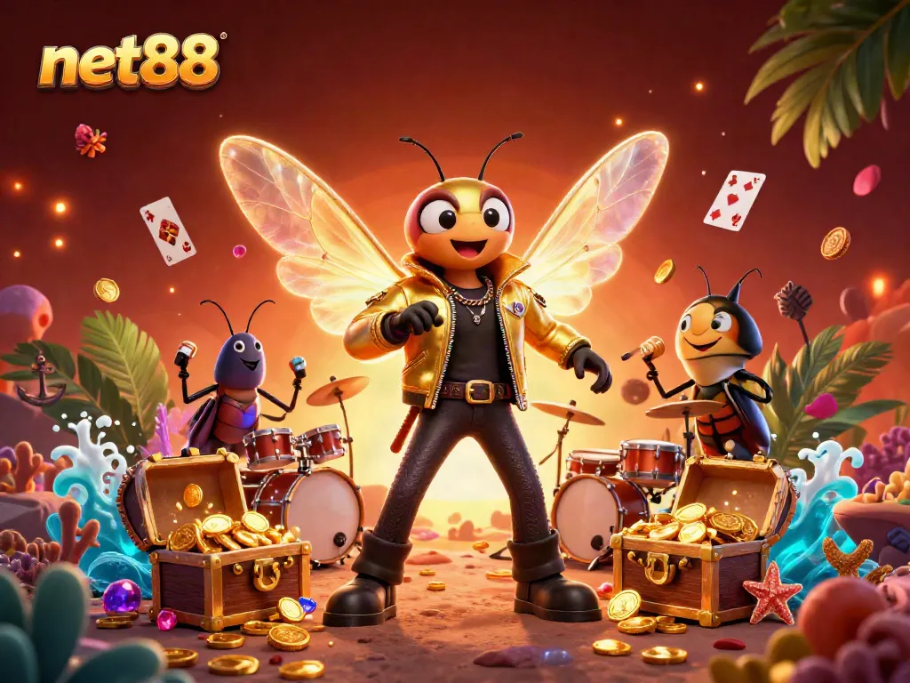 Experience net88 with an engaging scene of casino-themed characters amidst treasures and gaming elements.