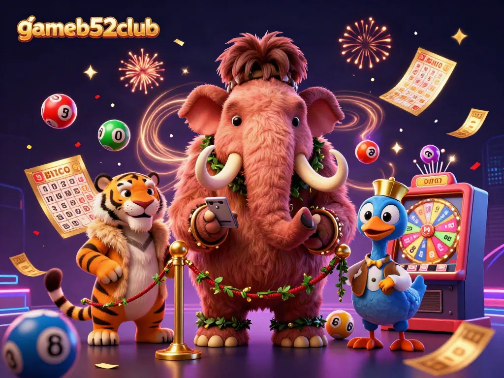 Engage with gameb52club as a woolly mammoth bouncer checks IDs at a casino entrance.