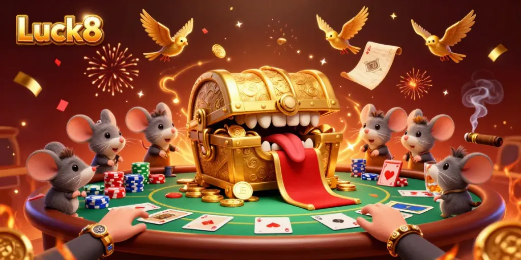 Engage in thrilling casino action at Luck8 with golden treasures and poker excitement.