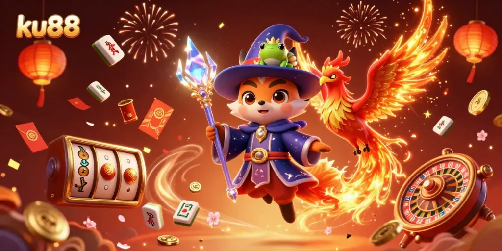 Experience the thrills of ku88 with a mystical fox wizard, a phoenix companion, and vibrant casino elements.
