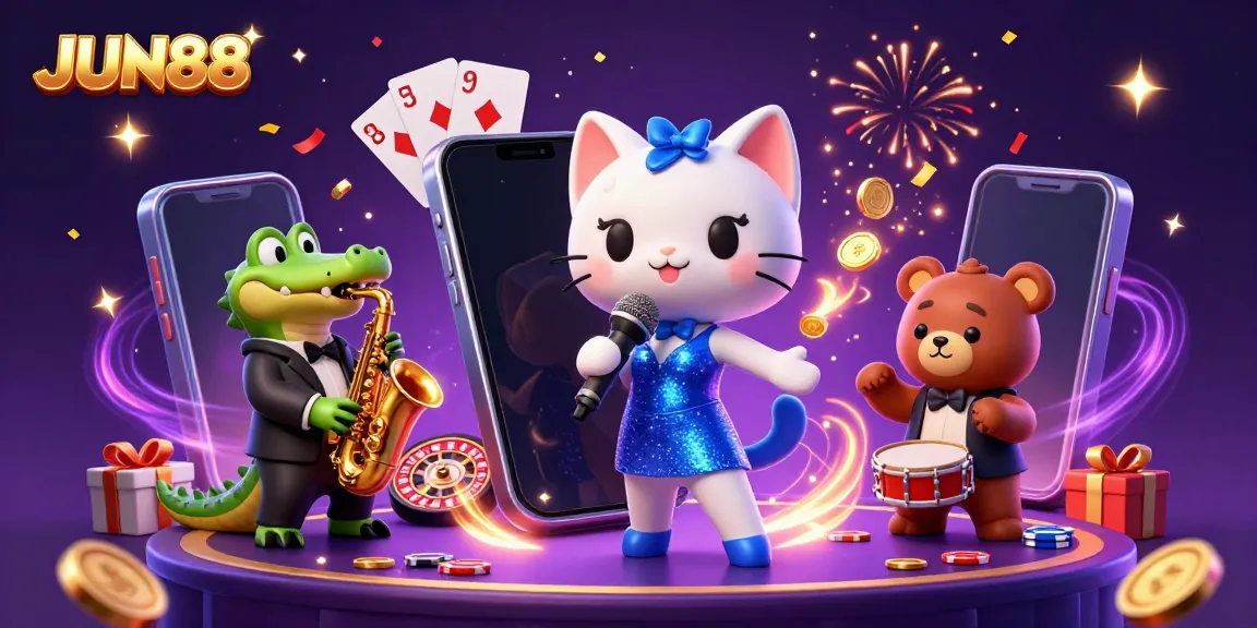 Experience the vibrant entertainment at JUN88 with a jazzy scene featuring characters and casino elements.