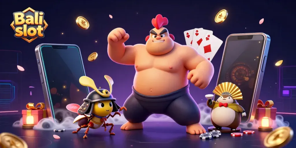 Bali slot cartoon scene with a powerful sumo rooster, a fierce cricket, and a tanuki announcer amidst slot game elements