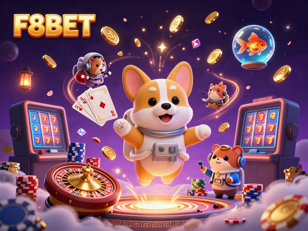 Experience exciting gameplay at F8BET as a cartoon astronaut corgi floats through a cosmic casino.