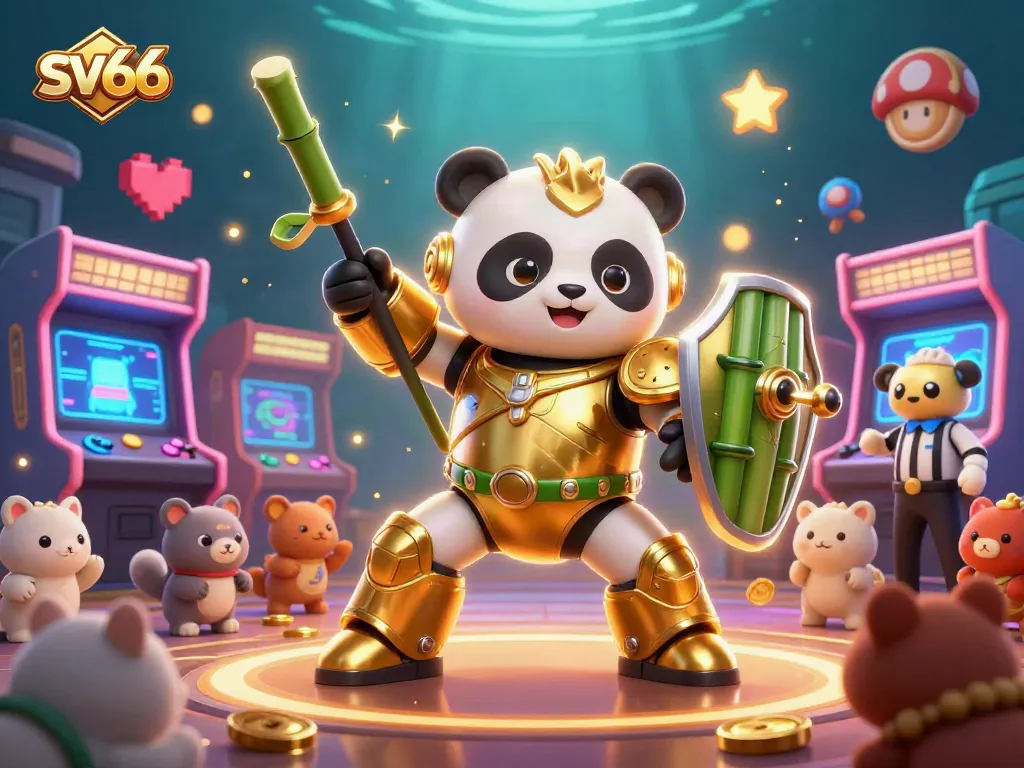 Experience exhilarating gaming action at sv66 with a vibrant 3D illustration of a panda mech in a casino scene.