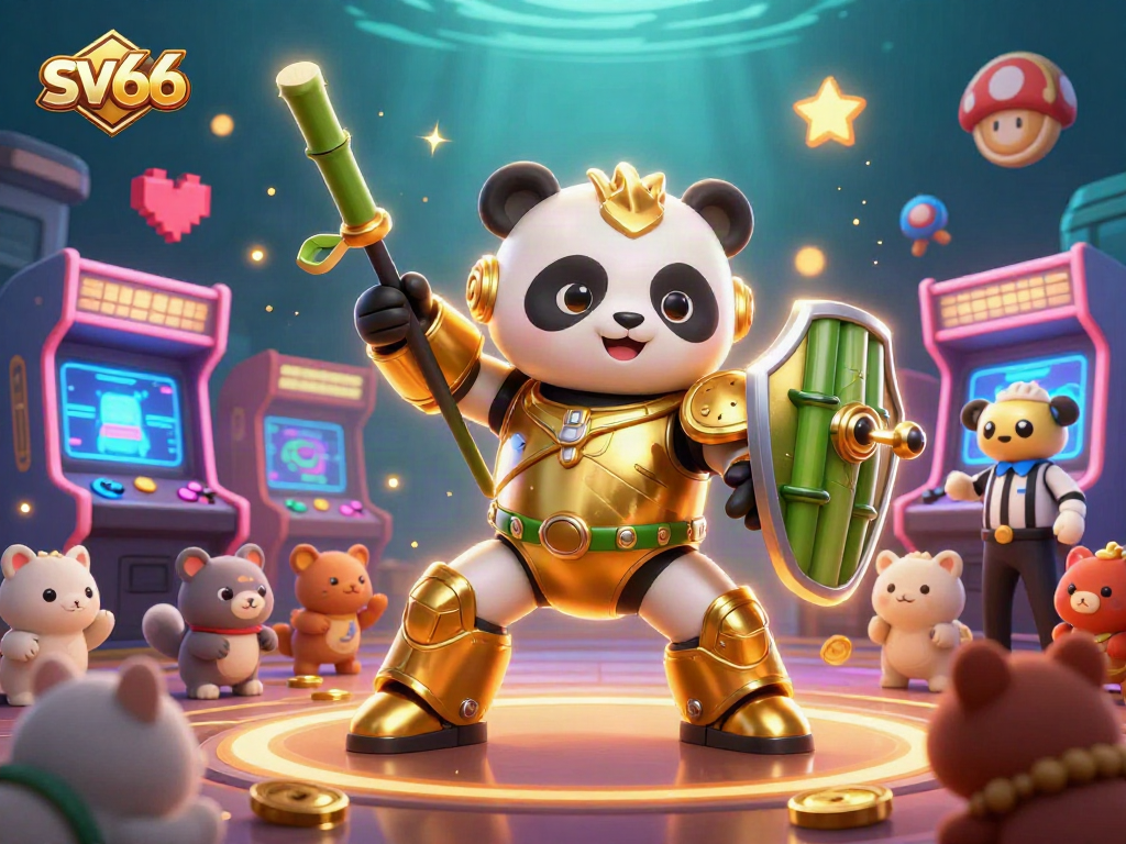 Experience exhilarating gaming action at sv66 with a vibrant 3D illustration of a panda mech in a casino scene.