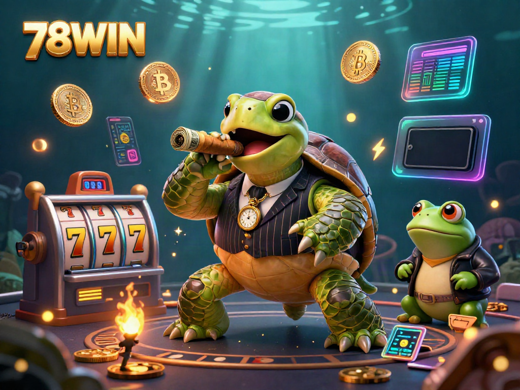 Engage with 78WIN's thrilling casino atmosphere featuring a turtle mobster amidst rich slot gaming elements.