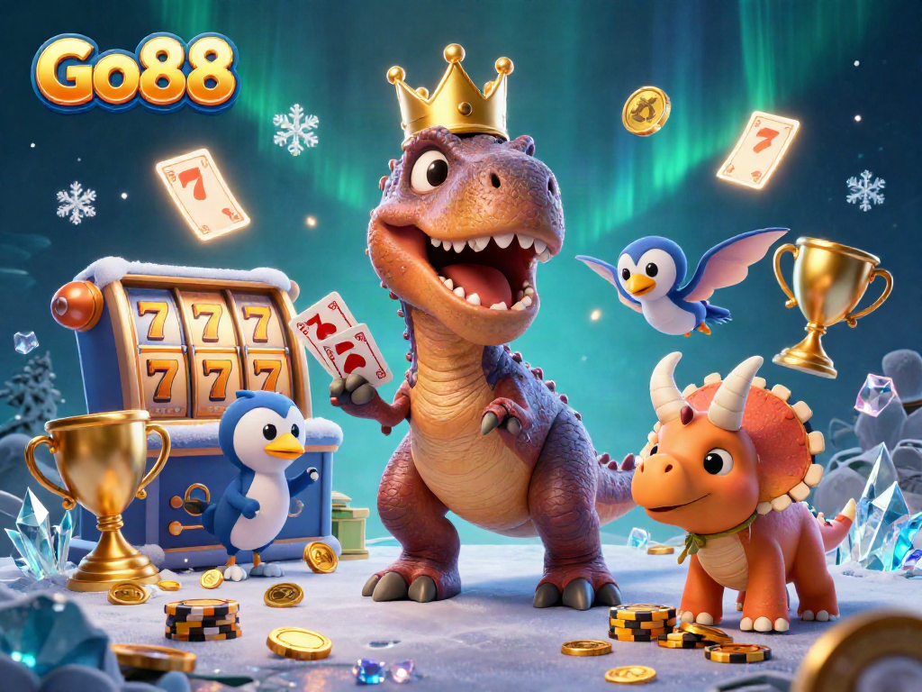 Go88 showcases a T-Rex shuffling cards while winning with chip stacks in a dynamic 3D casino illustration.