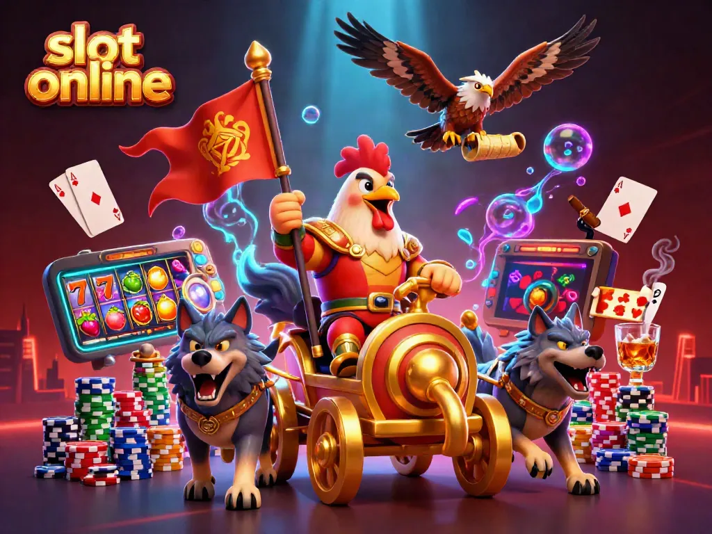 Experience thrilling slot online action with a cartoon rooster warlord leading a casino showdown.