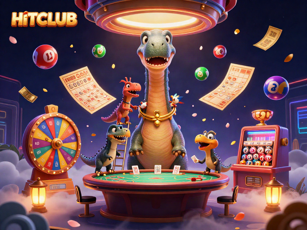 Engage in HITCLUB gaming with a vibrant casino scene featuring animated characters and lottery elements.