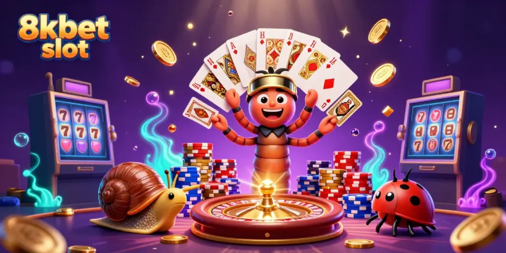Experience the thrill of 8xbet slot with vivid characters and dynamic casino elements in a magical scene.