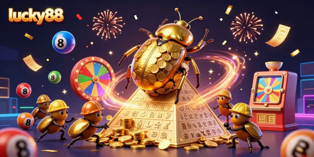 Experience thrilling action in lucky88 with a golden dung beetle rolling coins amidst festive casino symbols and lottery elements.