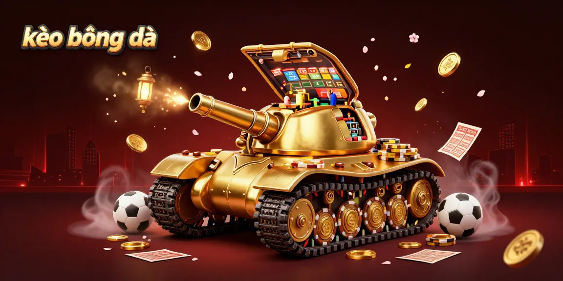 Engage in kèo bóng đá action with golden beetle tank showcasing betting excitement, surrounded by sports elements.