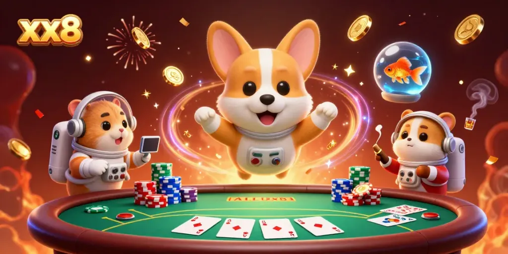 Experience xx8's thrilling casino adventure with a corgi, hamster, and vibrant gaming elements.