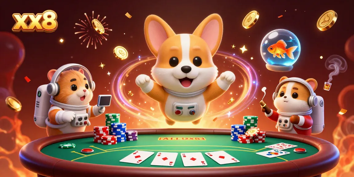 Experience xx8's thrilling casino adventure with a corgi, hamster, and vibrant gaming elements.