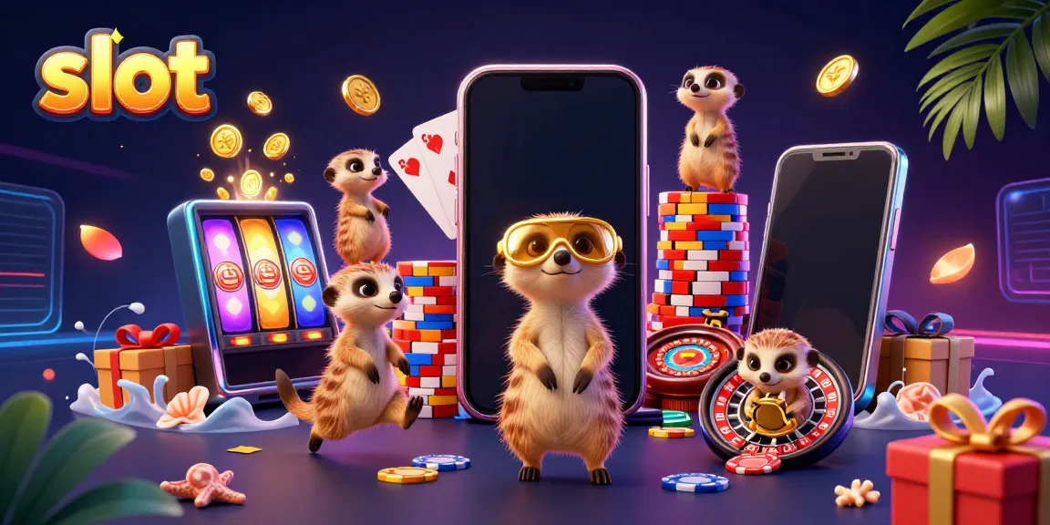Experience excitement at a lively casino with meerkats enjoying a slot game scene.