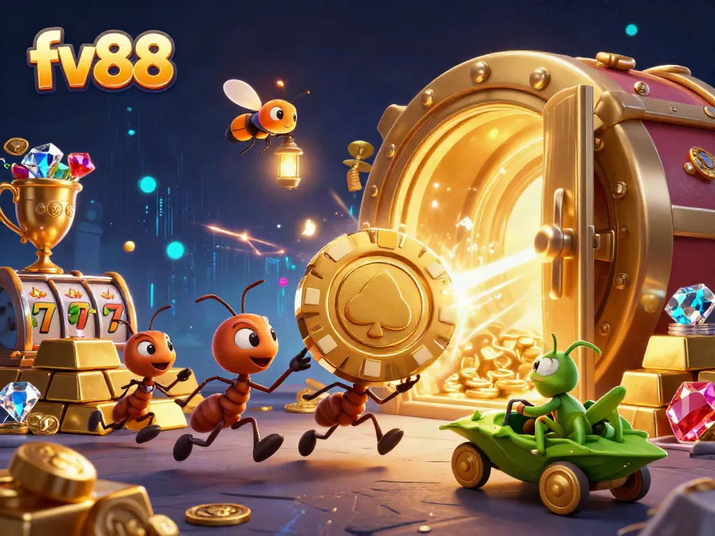 Watch fv88 ants on a thrilling heist with golden poker chips in a vibrant casino adventure.
