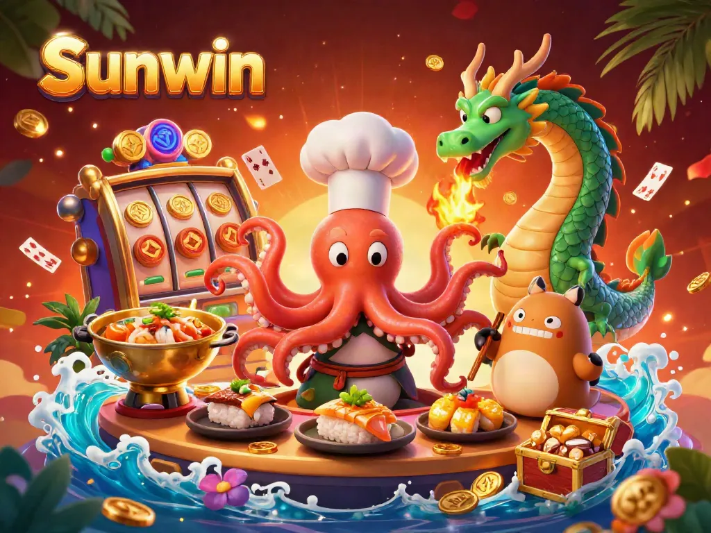 Experience vibrant slot gaming action with Sunwin's animated characters in a lively casino setting.