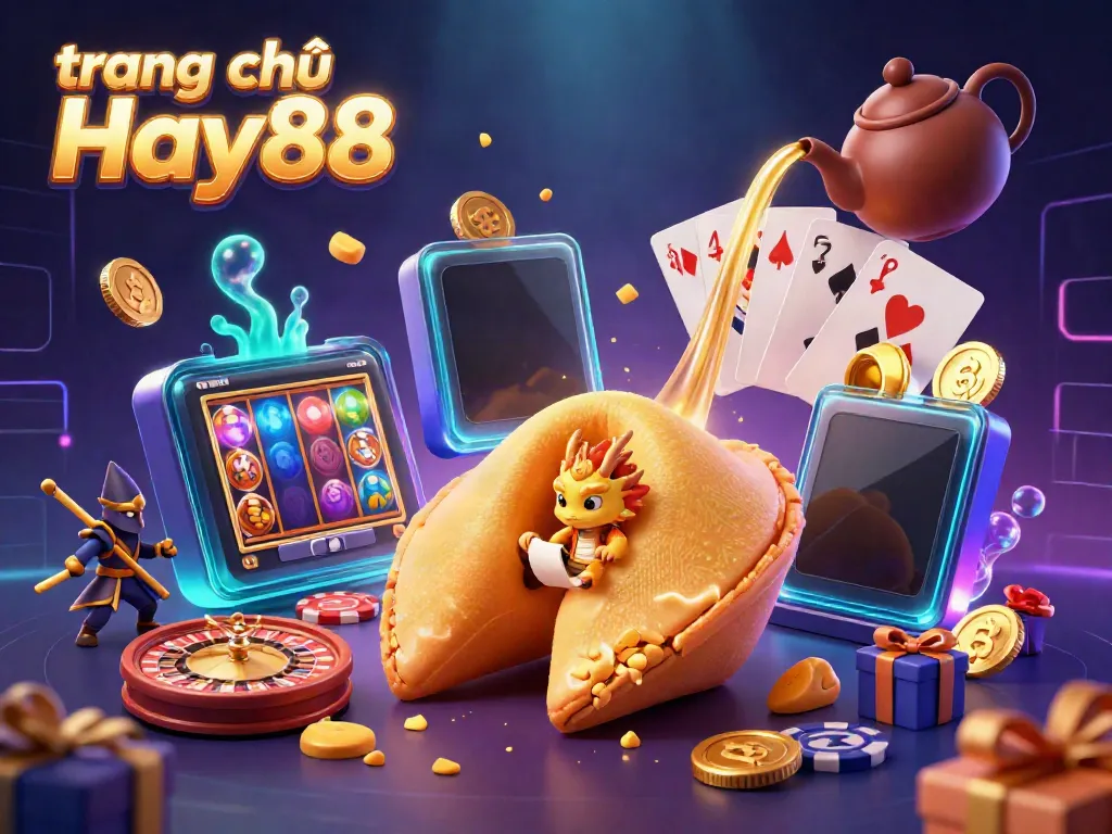Experience the vibrant energy of trang chủ Hay88 with a thrilling 3D casino illustration showcasing various games and elements.