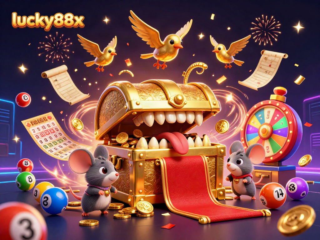 Experience thrilling gameplay with lucky88x as mice approach a treasure chest in dynamic casino illustration.