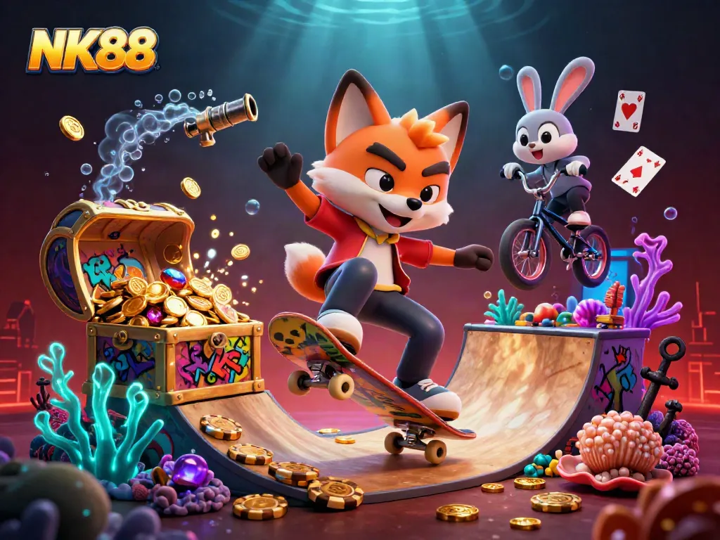 Experience vibrant casino energy with NK88 in a dynamic sports-themed illustration showcasing colorful characters and gaming elements.