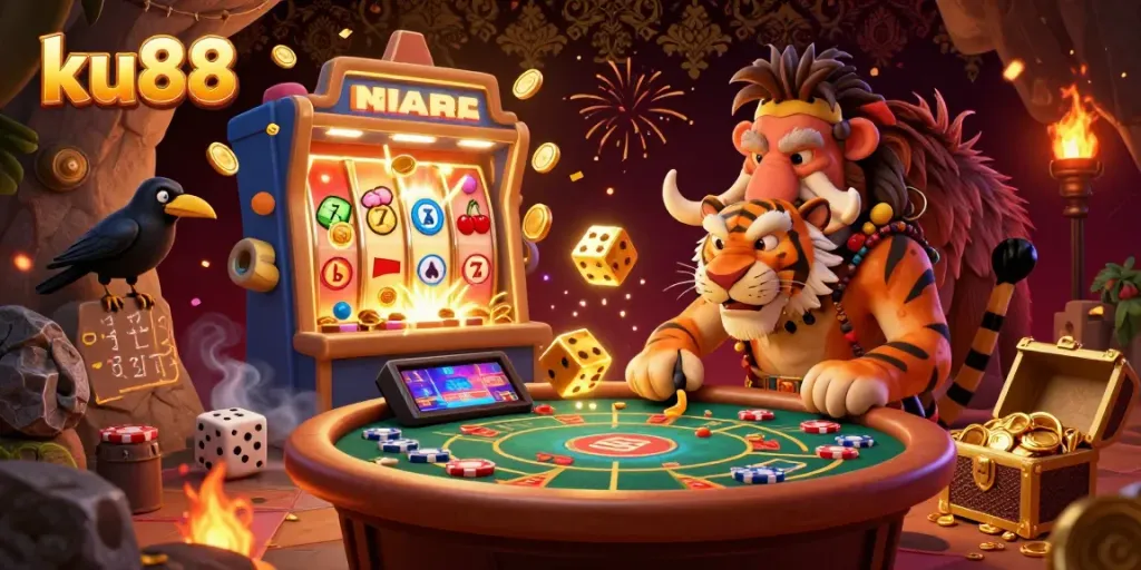 Experience the thrill of ku88's casino with a lively scene showcasing prehistoric gaming excitement and jackpot wins.