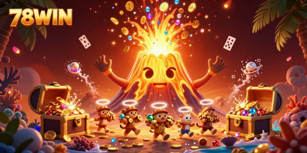 78WIN showcases a vibrant casino adventure with a golden volcano erupting treasures and explorer animals amidst dazzling underwater riches.