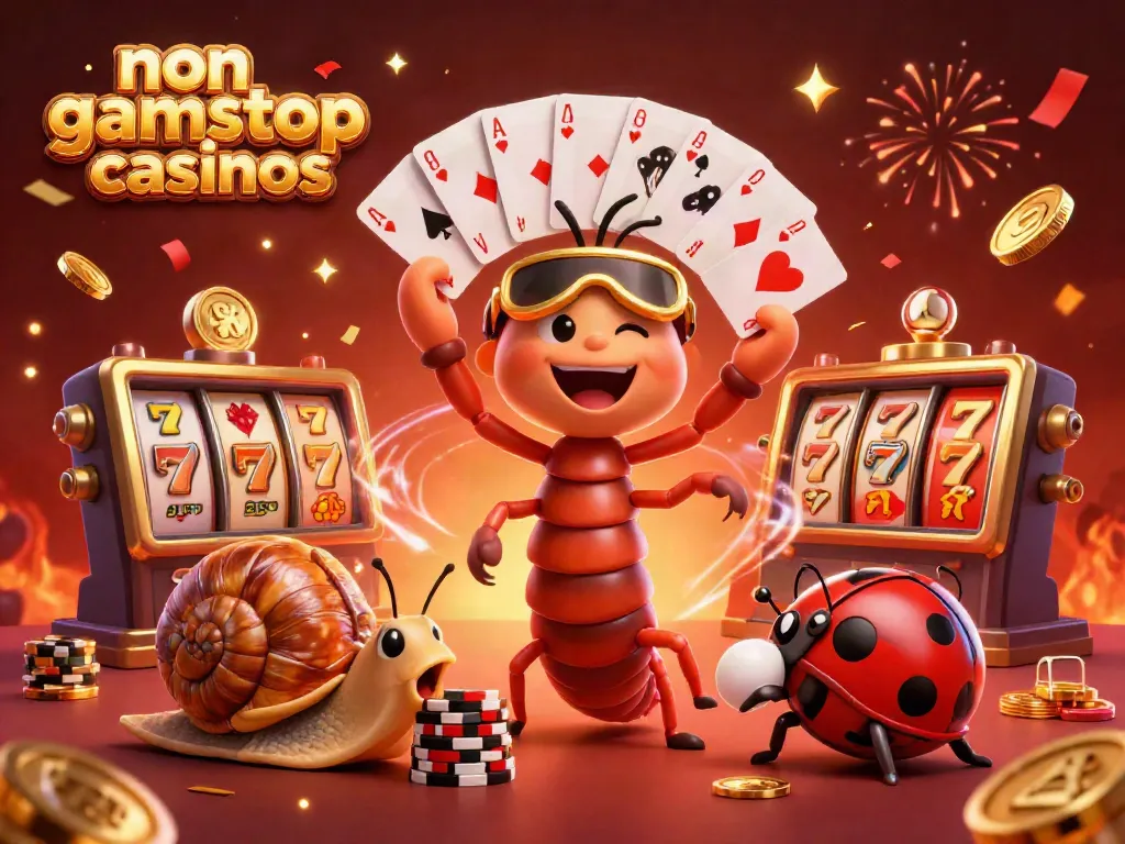 Engaging scene of non gamstop casinos featuring a cartoon dealer and high-roller characters amid slot reels and vibrant confetti.