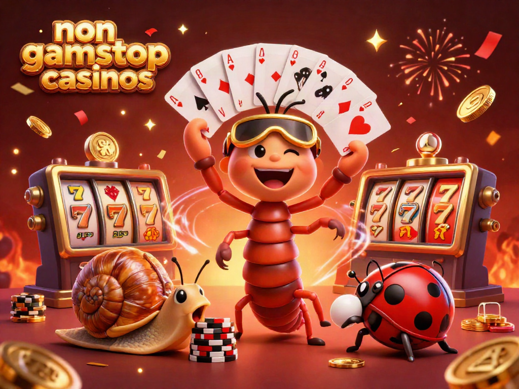 Engaging scene of non gamstop casinos featuring a cartoon dealer and high-roller characters amid slot reels and vibrant confetti.