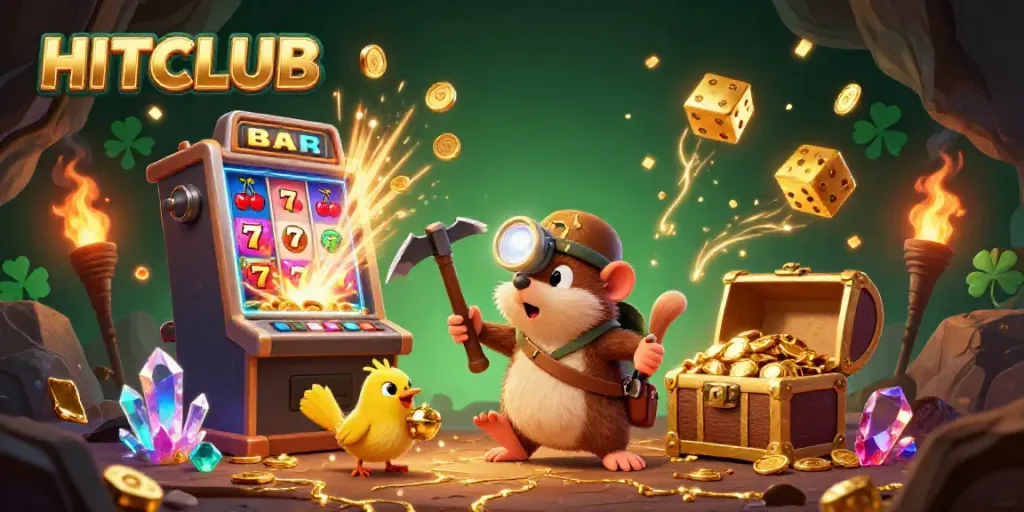 Experience the thrill at HITCLUB with a treasure hunter mole and vibrant casino game elements.
