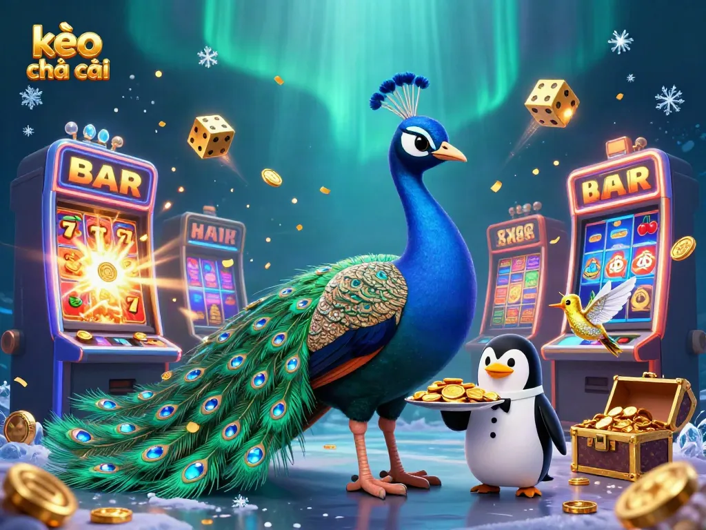 Engaging illustration of kèo nhà cái with vibrant casino elements, featuring a peacock, penguin, and hummingbird.