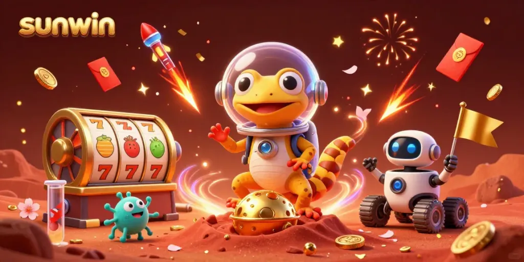 Experience the excitement of sunwin with a Martian gecko discovering a golden casino.