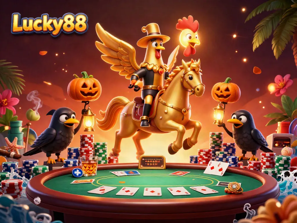 Experience the excitement of Lucky88 casino with golden rooster characters in a vibrant gaming scene.