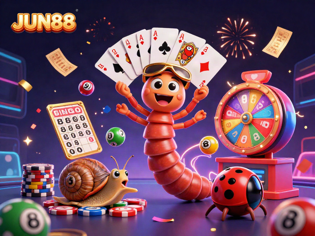 Experience the excitement of JUN88 with vibrant casino elements and lively characters in a dynamic gaming scene.