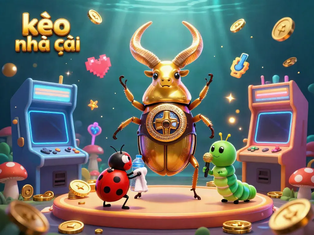 Engage with kèo nhà cái as a giant golden stag beetle and a tiny ladybug in a dynamic 3D gambling scene.