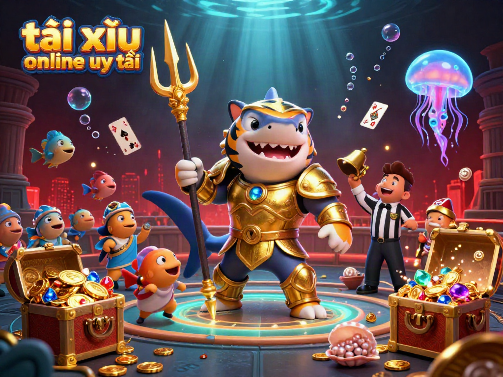 Tài xỉu online uy tín scene showcasing a fierce shark in gladiator armor amidst colorful underwater elements.