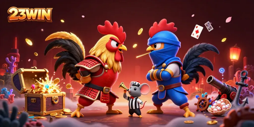 Witness the thrilling duel of roosters in samurai and ninja attire, showcasing the excitement of 23WIN gaming!
