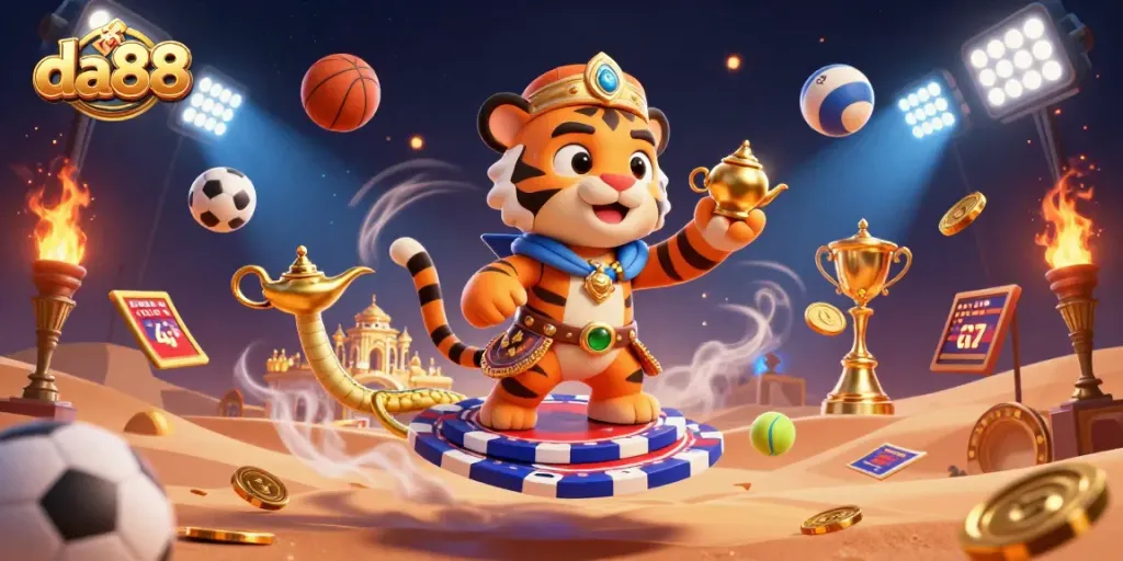 Experience thrilling wins at da88 with an Arabian Nights-themed illustration filled with sports betting excitement.