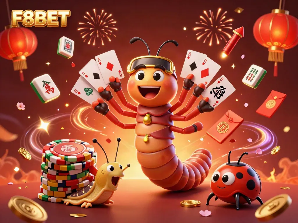 Engage with F8BET's dynamic casino scene featuring a playful millipede dealer and high-roller snail.