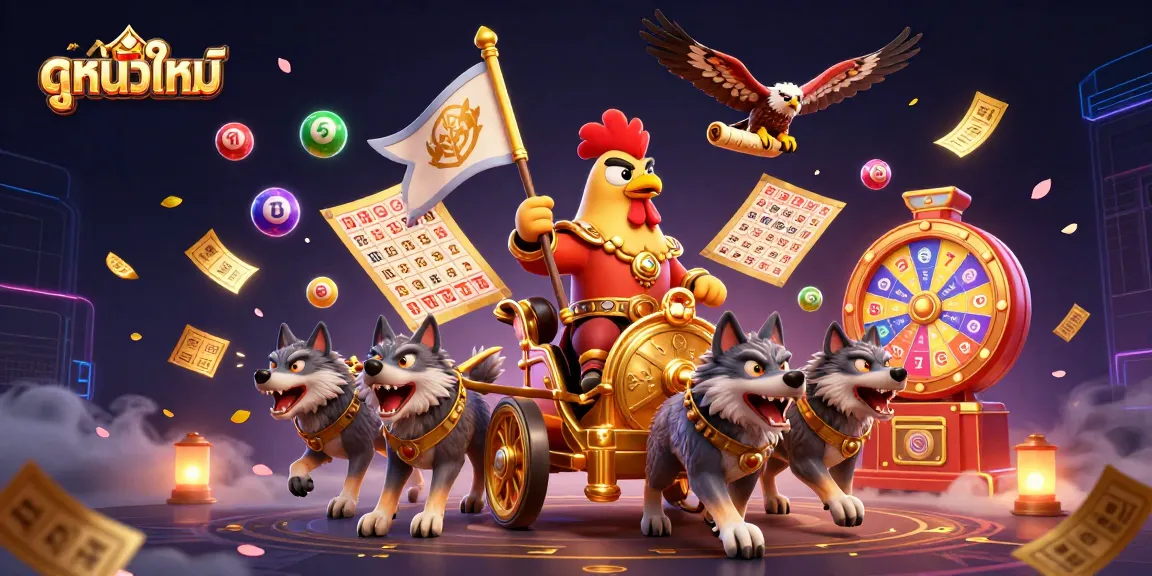 Engage in ดูหนังใหม่ with dynamic scenes featuring colorful lottery elements and an adventurous 3D rooster warlord.