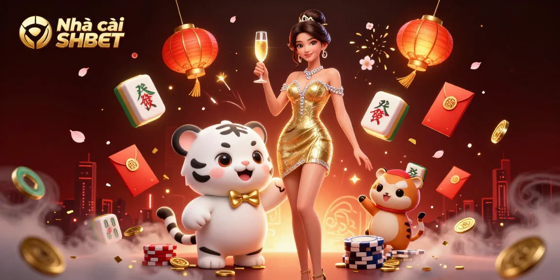 Engage with Nhà cái SHBET through a colorful scene of a glamorous woman celebrating with a lucky tiger, blending casino delights.