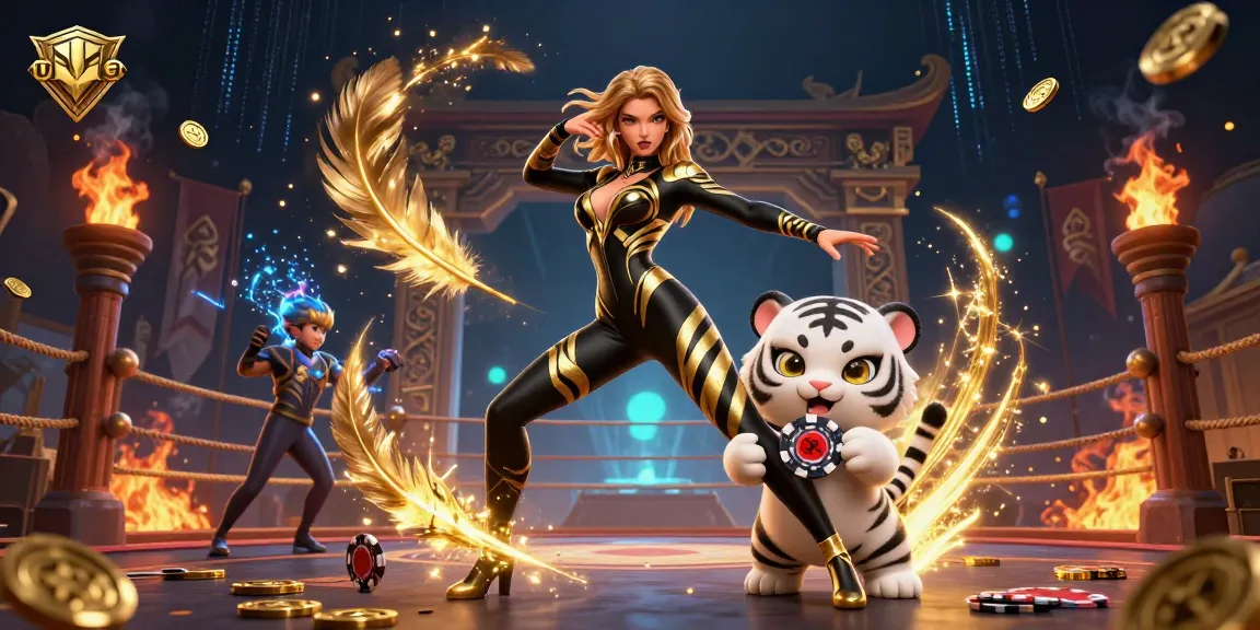 Experience thrilling action at UFABET, where a woman in a sleek black catsuit showcases thrilling acrobatics alongside a playful baby tiger.