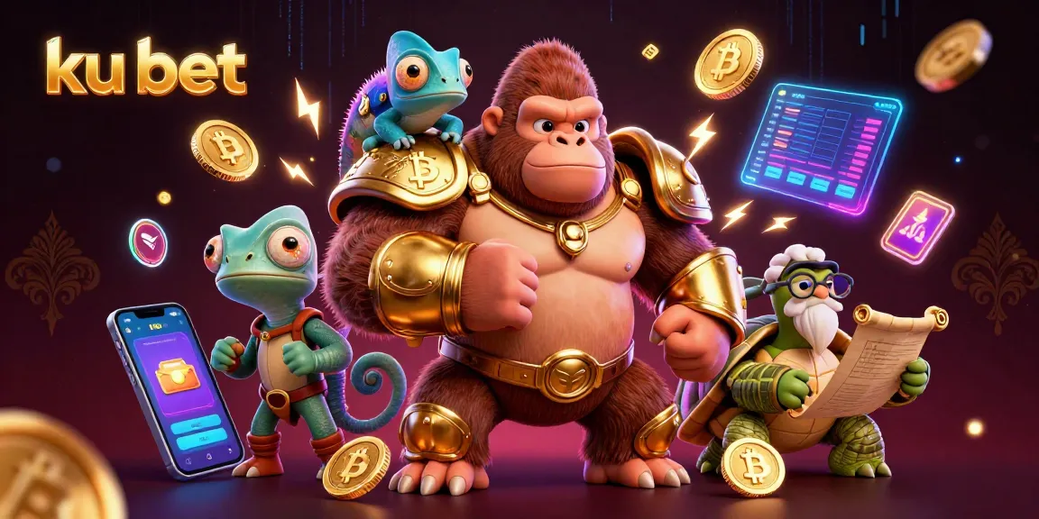 Engage in thrilling games at ku bet, featuring a gorilla king and a colorful chameleon in a vibrant digital casino.