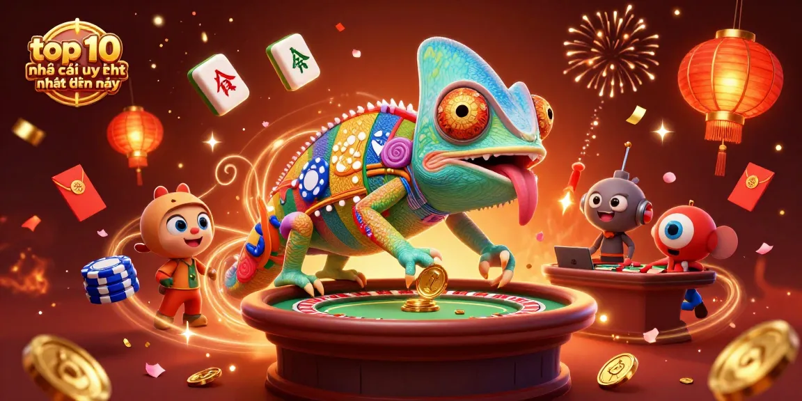 Engage with the top 10 nhà cái uy tín nhất hiện nay in a vibrant 3D casino scene, exploring thrilling gaming elements like poker chips and lucky envelopes.