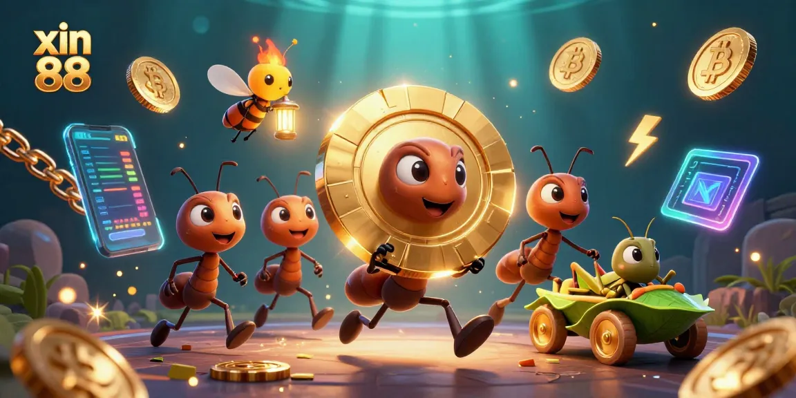 Engage with xin 88 as ants conduct a heist for a giant poker chip, showcasing excitement in a gambling adventure.