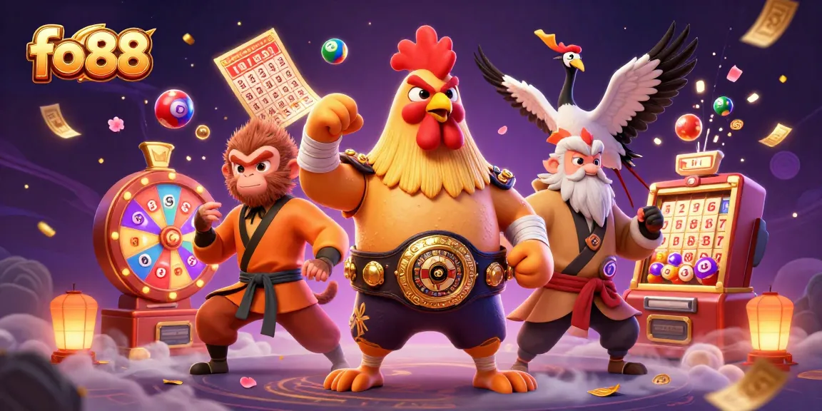 Experience thrilling action at fo 88 with a vibrant 3D illustration of colorful lottery elements and casino characters.