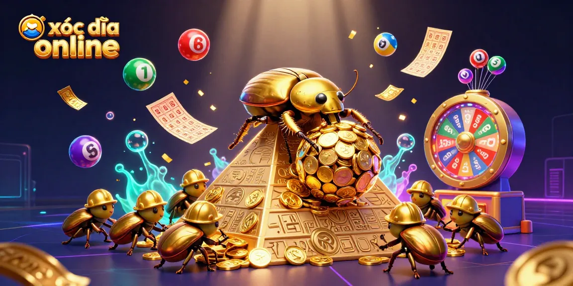 Win big with xóc đĩa online as playful beetles roll golden coins while lottery balls bounce around.
