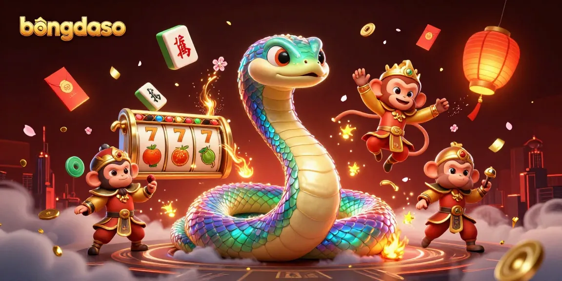Bongdaso visualization with a vibrant rainbow serpent and playful monkey amidst slot reels and golden symbols.