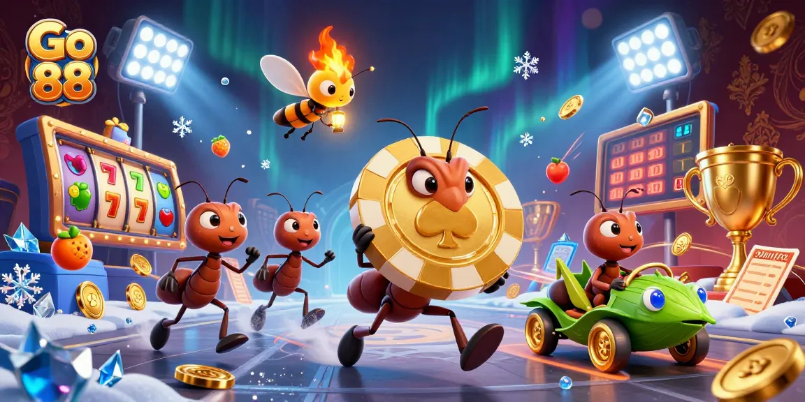 Experience thrilling gameplay at Go 88 with cartoon ants heisting a giant poker chip in an exciting casino adventure.